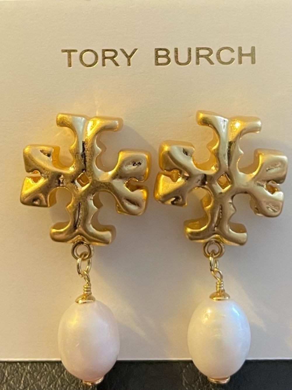 Tory Burch Gold Logo Drop Earrings with White Pearl Drops
